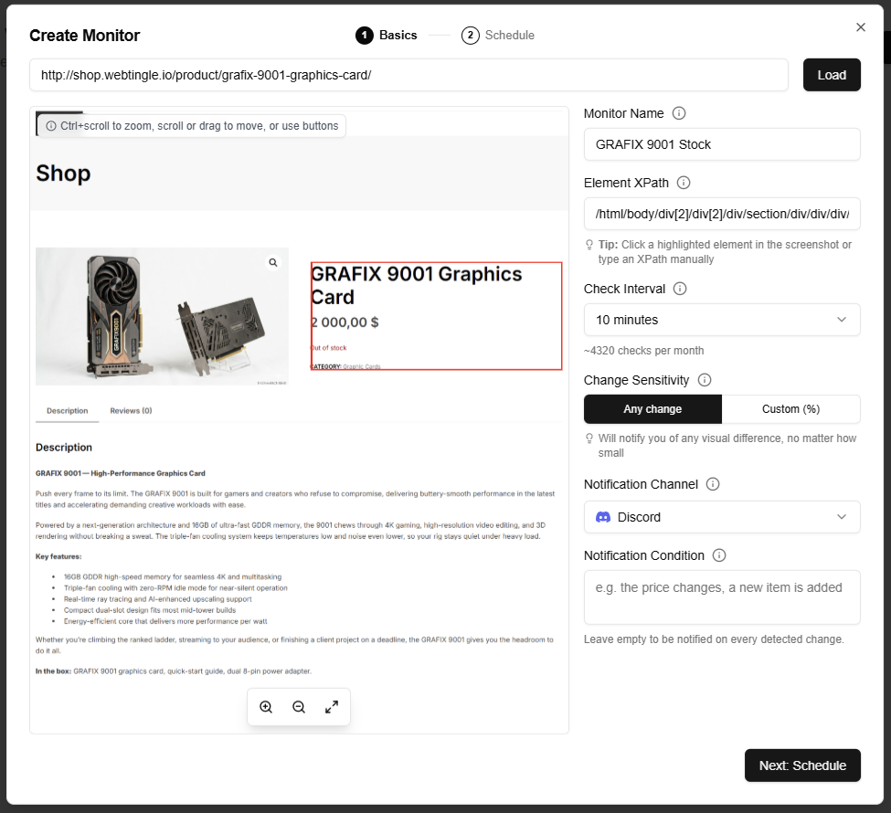 Webtingle's monitor setup: a product page screenshot with the out-of-stock element selected as the area to watch