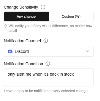 Webtingle's Change Sensitivity and Notification Condition fields, with a plain-language condition to alert only when the item is back in stock
