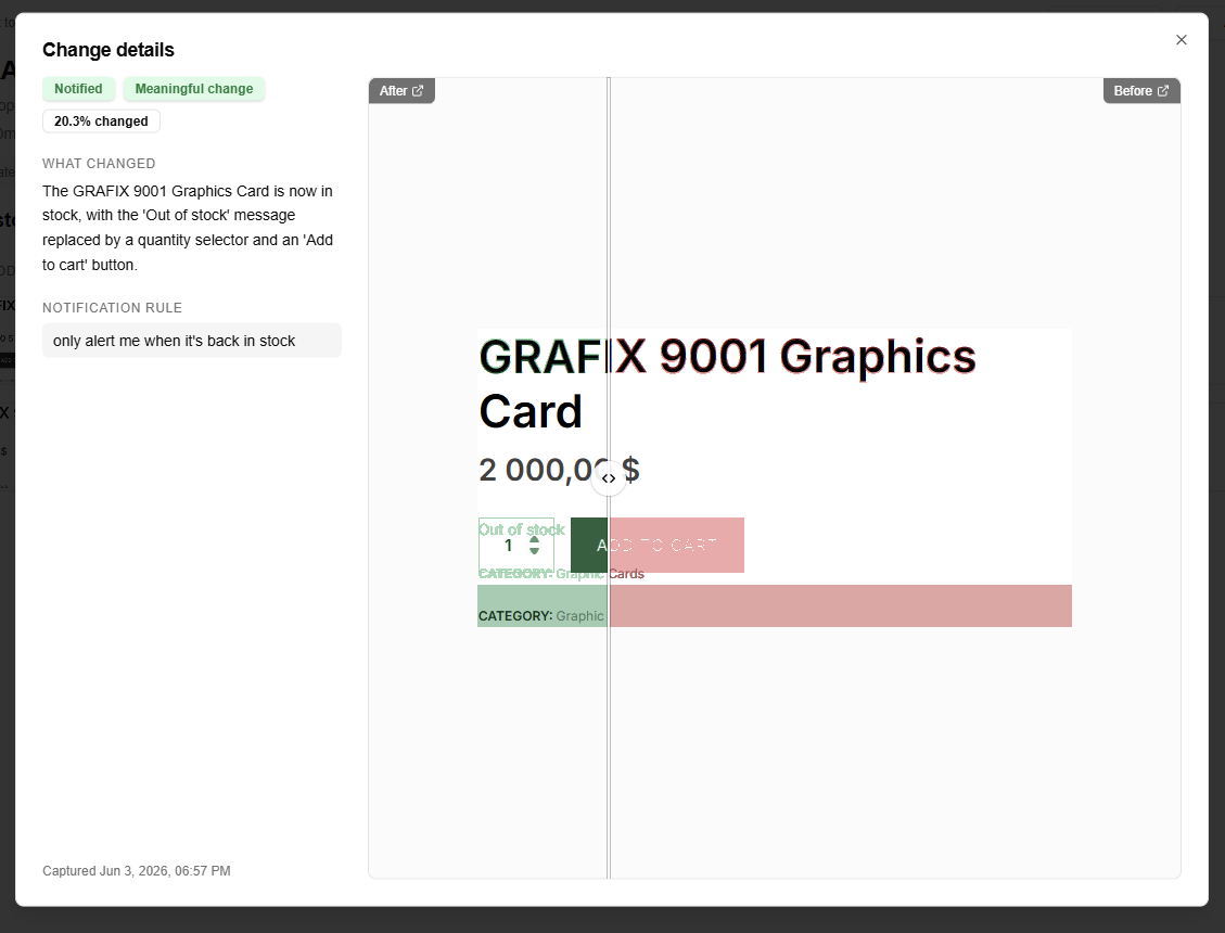 Webtingle's side-by-side before/after comparison of a product page restock, with the change highlighted