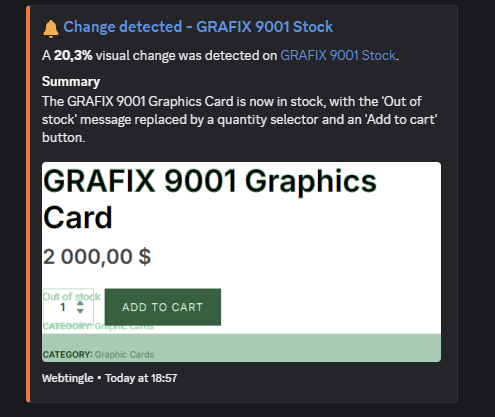 A Webtingle restock alert delivered to a Discord channel