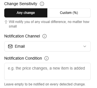 Webtingle's monitor configuration showing the Change Sensitivity setting and the notification channel selector