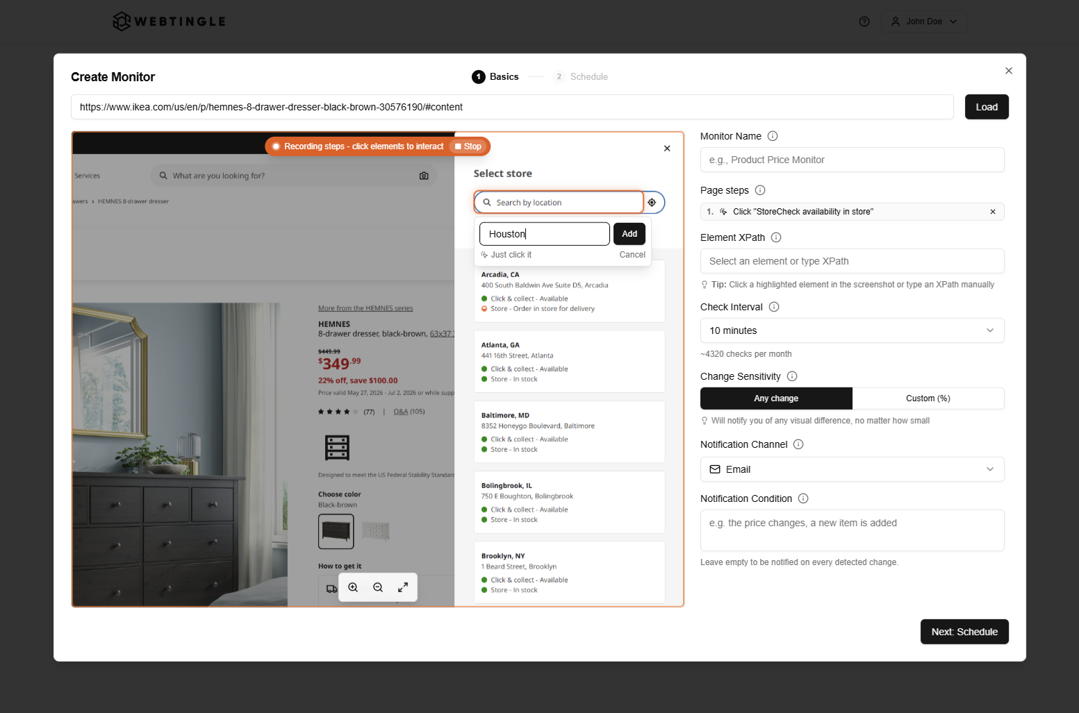 Recording a typing step: entering a city into the store picker's search box