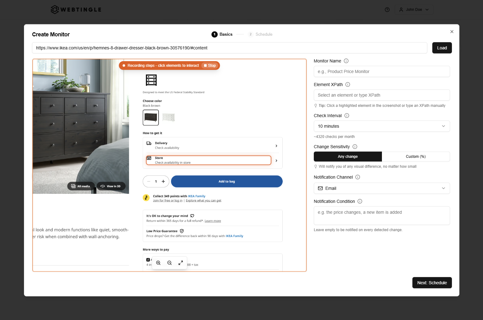 Recording a page step in Webtingle: the live preview in recording mode, the store's Check availability highlighted