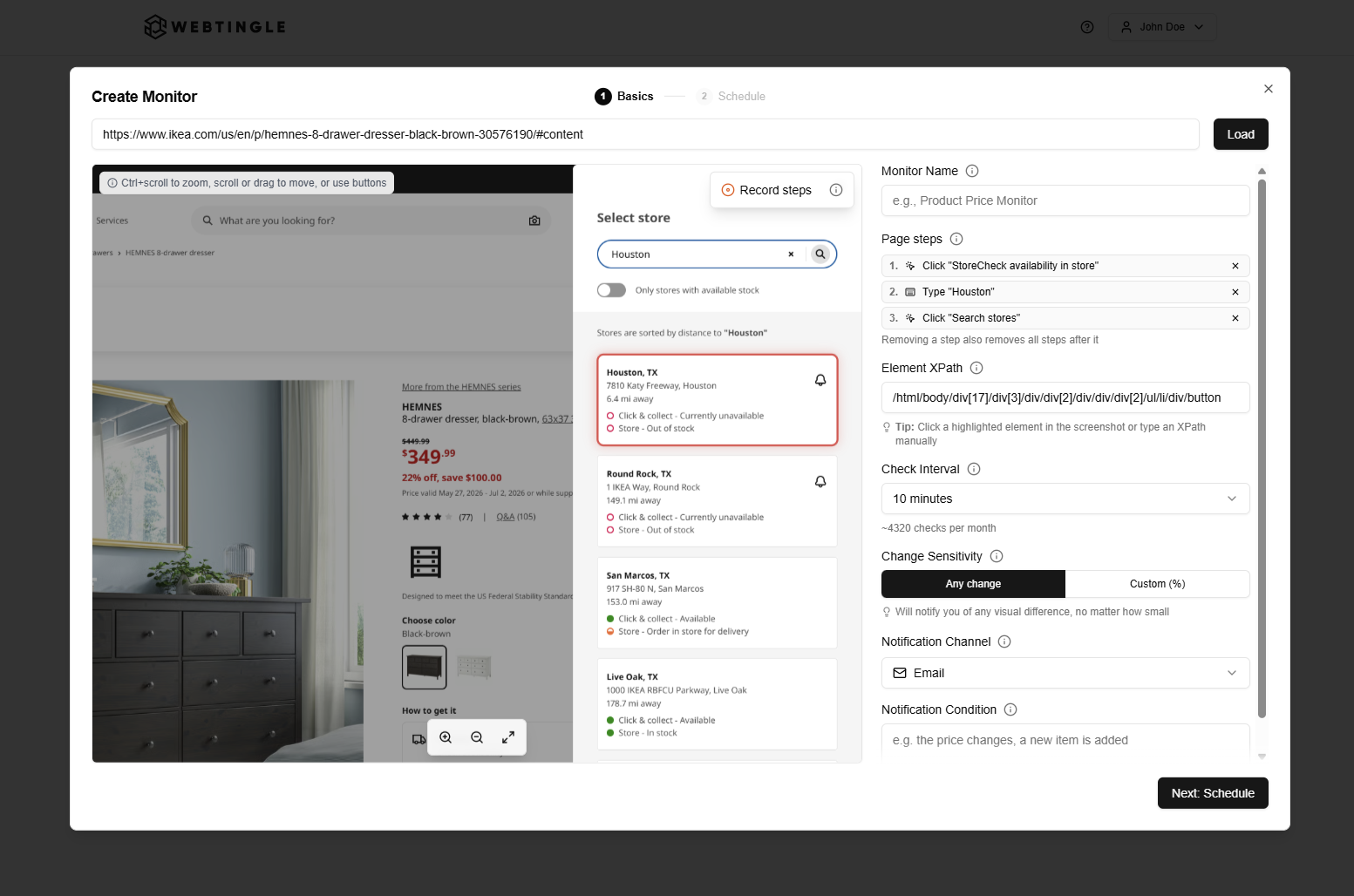 Marking the in-store availability line on the preview as the element the monitor watches, highlighted in the selection colour