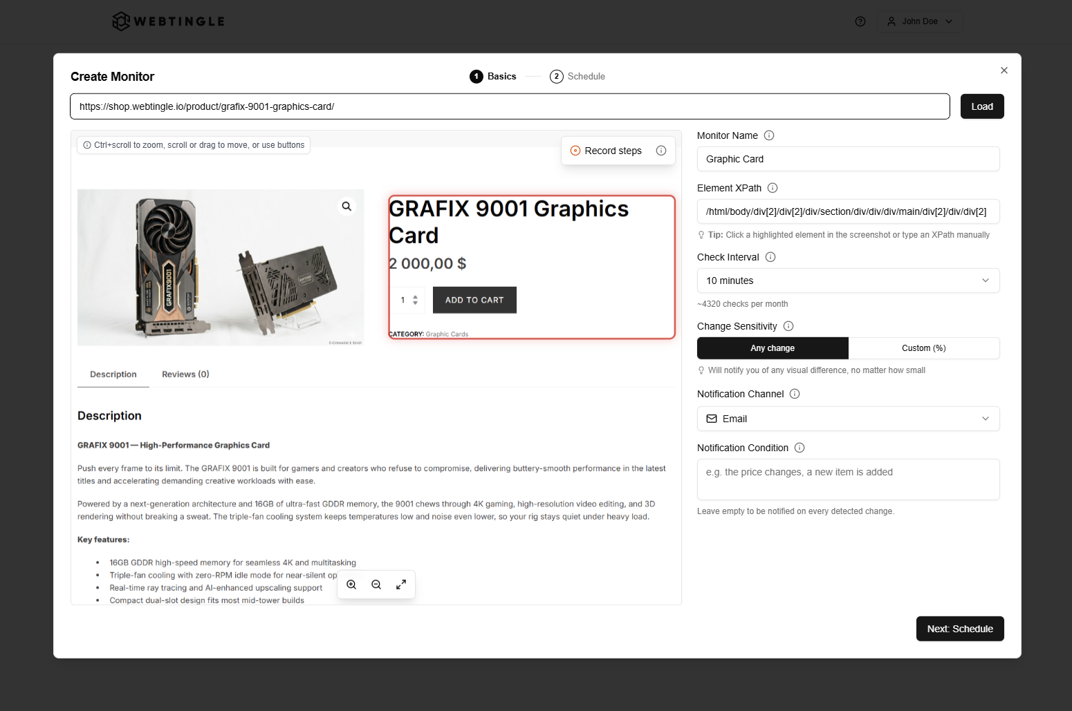 Webtingle's monitor setup: a product page screenshot with the price element selected as the area to watch