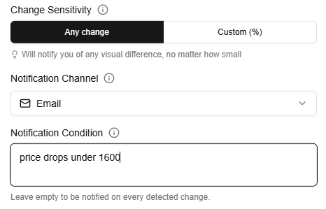 Webtingle's Change Sensitivity and Notification Condition fields, with a plain-language condition to alert only when the price drops