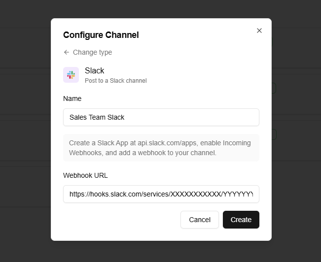 Webtingle's Configure Channel form for adding Slack, with fields for the channel name and the Slack webhook URL