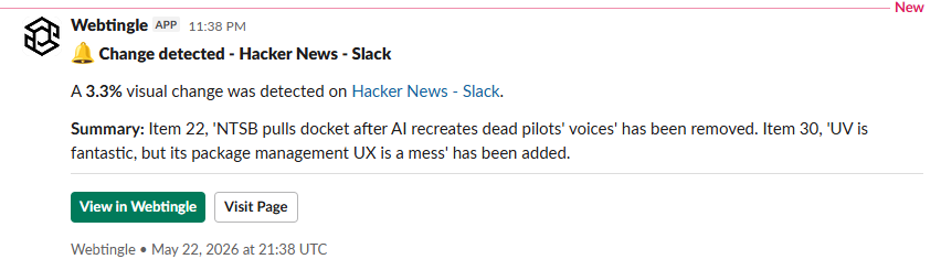 Webtingle alert in a Slack channel showing the change title, percentage of visual change, summary of additions and removals, and View in Webtingle / Visit Page buttons