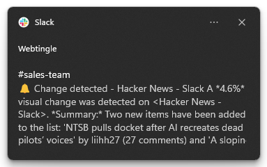 Desktop notification popup showing a Webtingle competitor pricing change alert in Slack