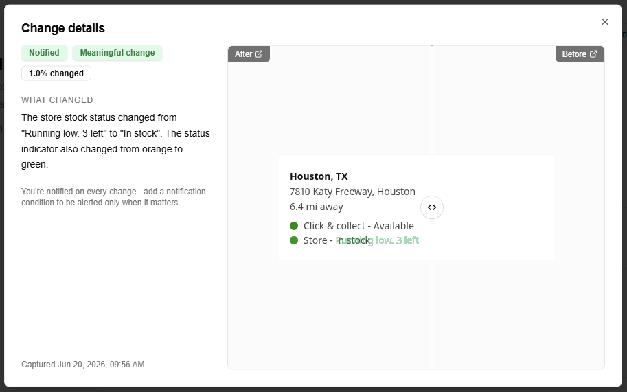 Side-by-side before and after view of one detected change on a tracked web page, with the difference highlighted