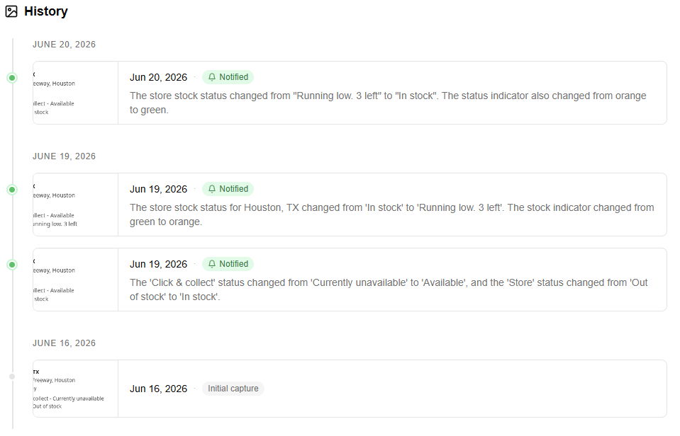 Webtingle's monitor history timeline tracking changes on a website over time, with date groups, page snapshots and Notified badges
