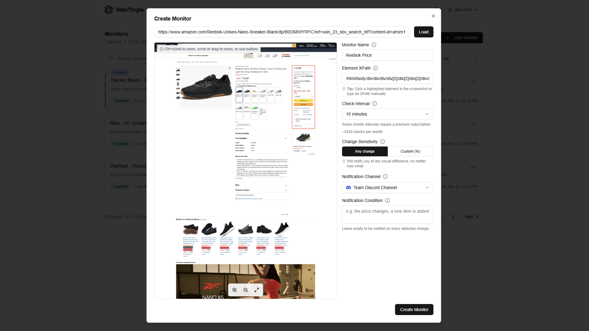 WebTingle add monitor dialog showing URL input and configuration options