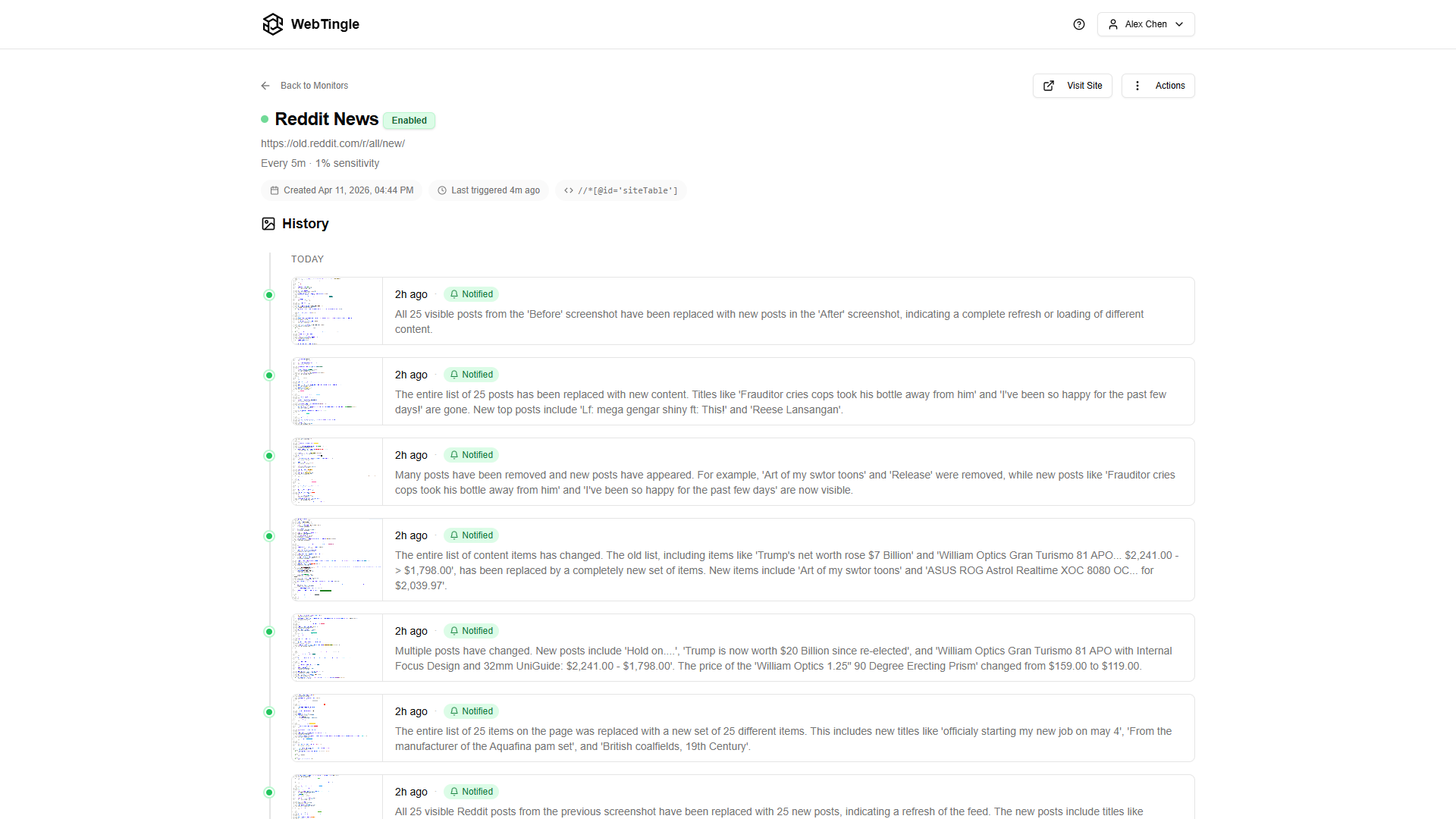 WebTingle monitor detail page showing change history with before/after screenshots