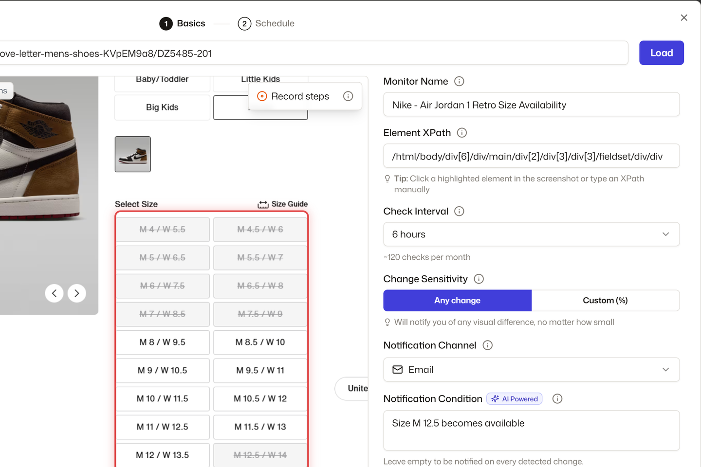 Creating a monitor: the Nike product page loaded in the preview with the size grid selected, and an AI condition that asks for an alert when size M 12.5 becomes available