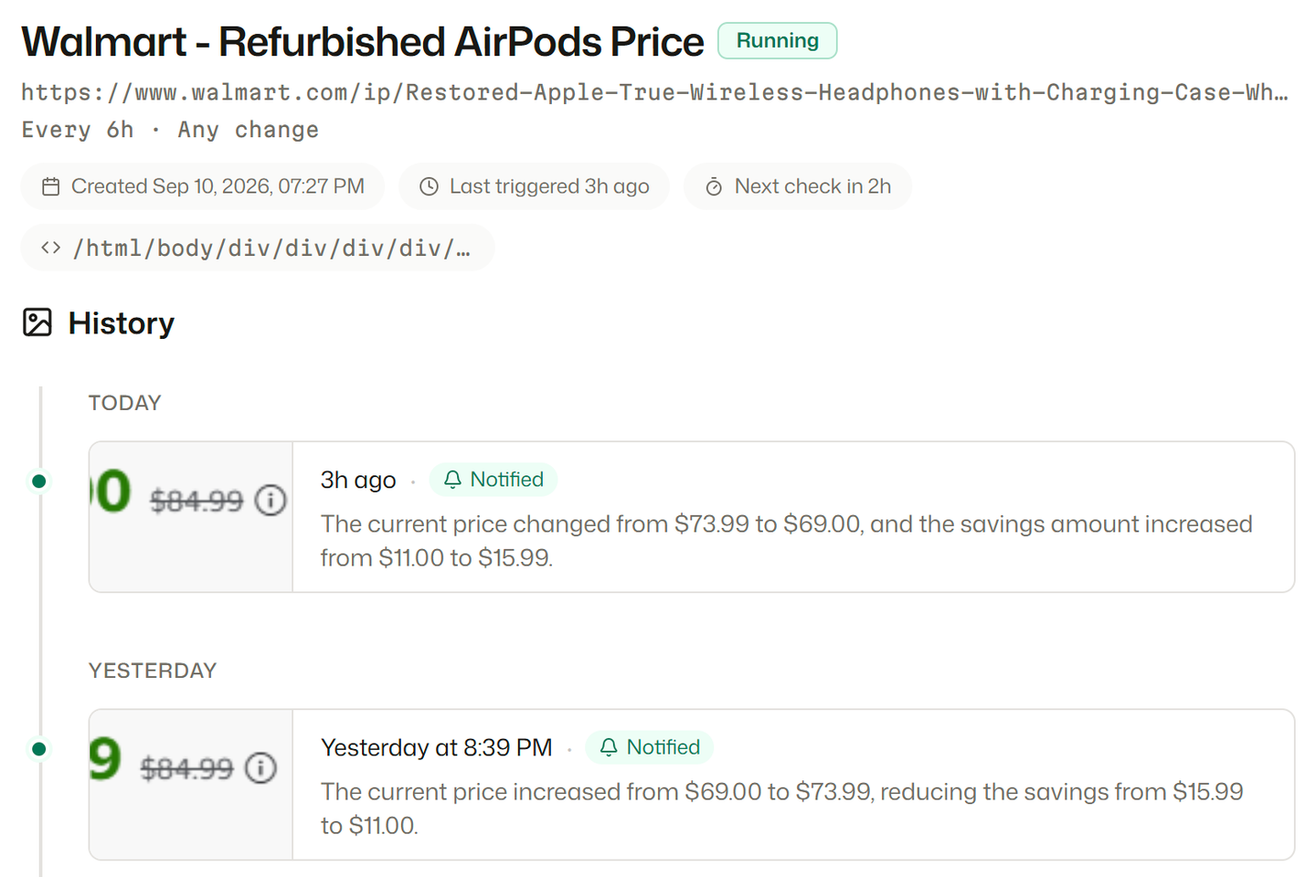 The history of a Walmart price monitor: two dated changes, each with a thumbnail of the price block and a summary saying how the price and the savings amount moved