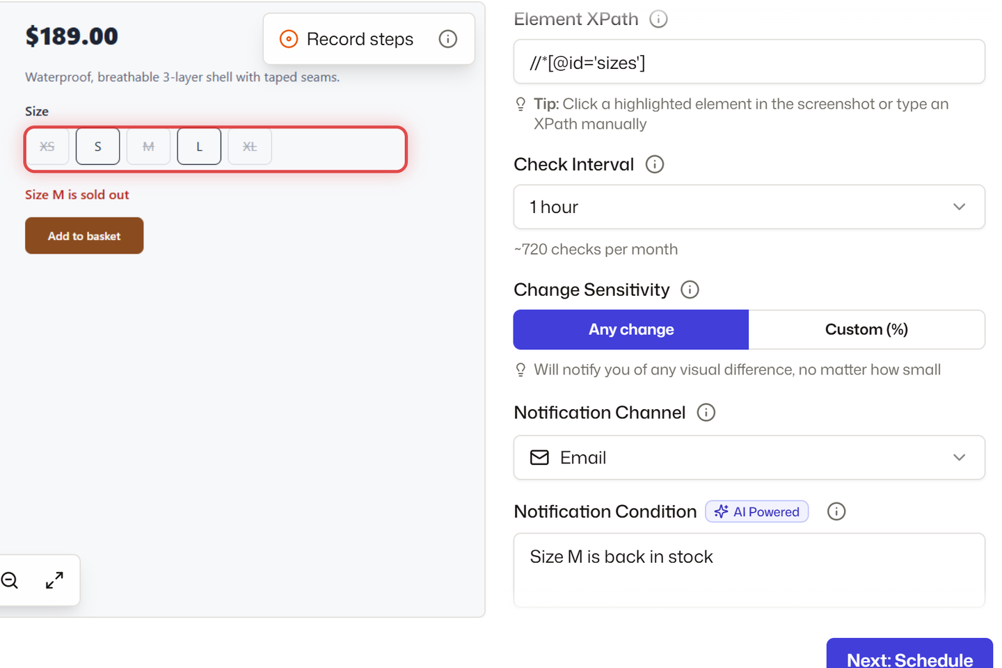 Creating a restock monitor on a jacket's product page: the size grid is selected while size M is sold out, checked every hour, with the condition "Size M is back in stock"